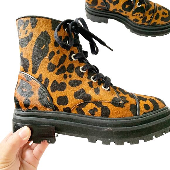 Schutz Maylova Leopard Suede Combat Bootie 8 Brown NEW - Picture 2 of 9